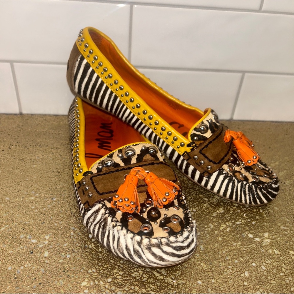 Sam Edelman Aurora Leather Zebra Animal Print Cow Hair Tassel Loafers Sz 8.5M